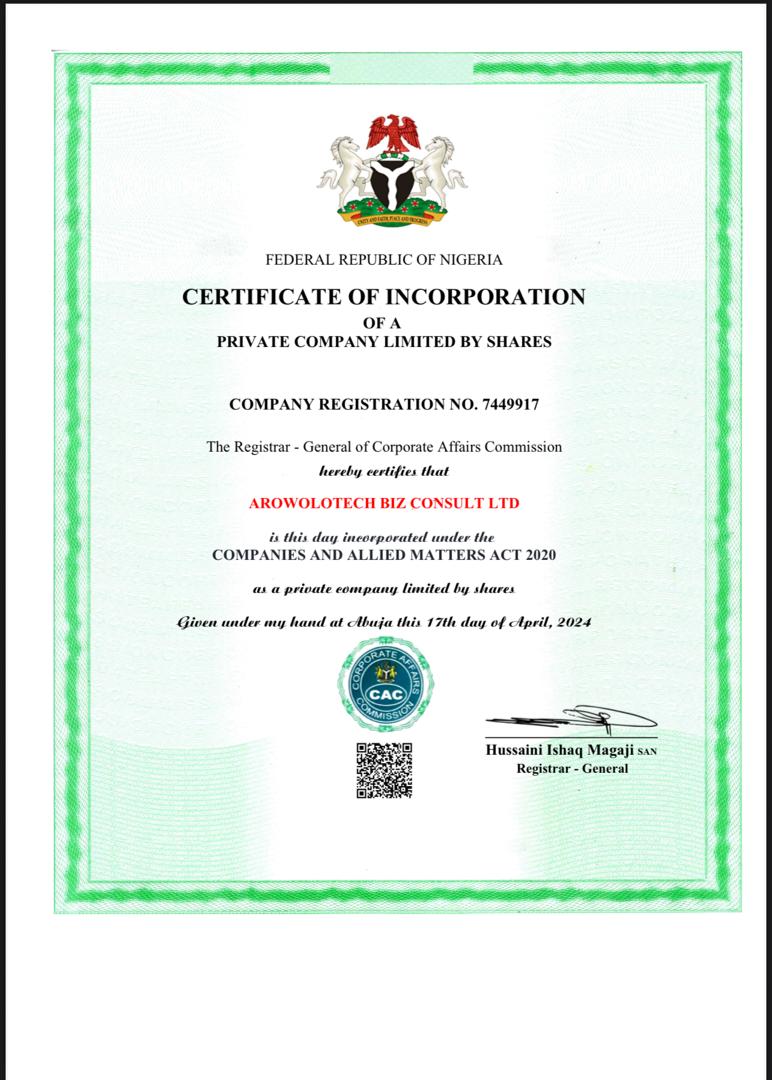 Arowolotech CAC Certificate — RC 7449917